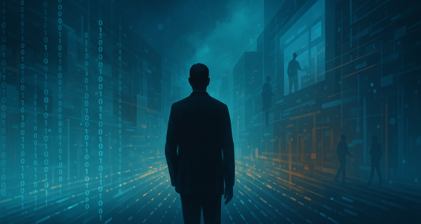 Ilustración digital de estilo futurista que muestra un entorno tecnológico avanzado, con personas difuminadas de fondo interactuando con pantallas holográficas y estructuras digitales abstractas. Ideal como banner horizontal para temas de innovación, educación digital o verificación de credenciales.