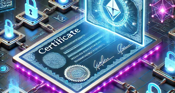 DALL·E 2024-09-26 10.35.45 - A futuristic scene of certificate issuance on blockchain. The image shows a glowing certificate being locked into a blockchain ledger, with nodes and