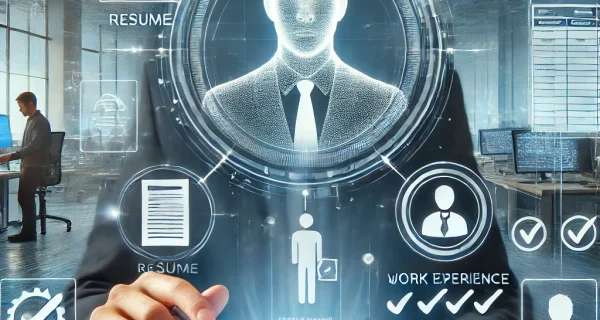DALL·E 2024-09-27 12.43.58 - A modern digital verification process for employment experience. A central figure uses a tablet to scan and verify work history, surrounded by floatin