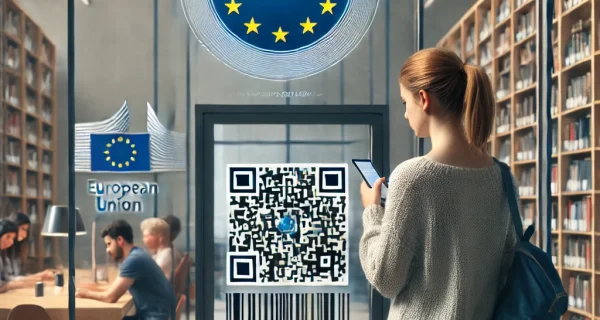 DALL·E 2024-09-30 12.27.35 - A university student standing at the entrance of a modern library, using their smartphone to scan a QR code for digital identity verification. The sce