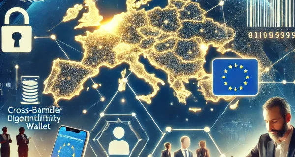 DALL·E 2024-10-01 10.39.29 - 1. A map of Europe with glowing digital lines connecting different countries, symbolizing cross-border digital identity and trust, representing the co