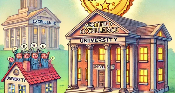 DALL·E 2024-10-02 11.56.20 - A humorous cartoon illustration depicting the importance of university prestige. Show a prestigious university building with a glowing certification s