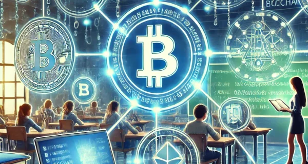 DALL·E 2024-10-07 09.43.27 - An illustration depicting the integration of blockchain technology in education, without any Bitcoin symbols. The image includes elements such as digi