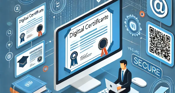 DALL·E 2024-10-07 09.47.18 - An illustration of managing digital educational credentials. The scene shows a person using a computer or tablet to manage digital certificates, with