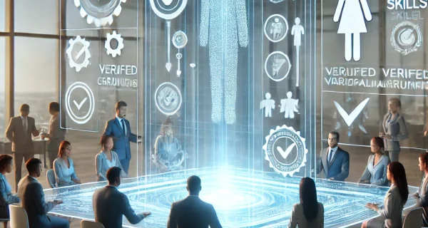 DALL·E 2024-10-14 13.40.02 - A futuristic scene representing transparent hiring and skill validation. The image shows diverse professionals collaborating around a large, transpare