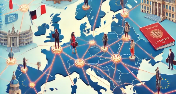 DALL·E 2024-10-18 11.32.34 - A map of Europe with bright lines connecting different countries, with academic diplomas and certificates floating like passport stamps over each nati