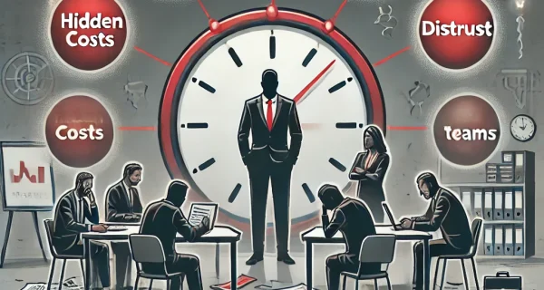 DALL·E 2024-10-18 11.40.31 - A graphic showing a company at the center impacted by lies on resumes, with circles of effects such as 'hidden costs,' 'distrust,' and 'damaged reputa