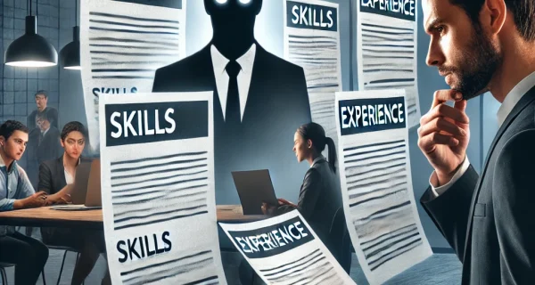 DALL·E 2024-10-25 12.45.09 - A scene in a modern office with a concerned recruiter reviewing multiple resumes. Some resumes are highlighted with bolded sections like 'skills' and