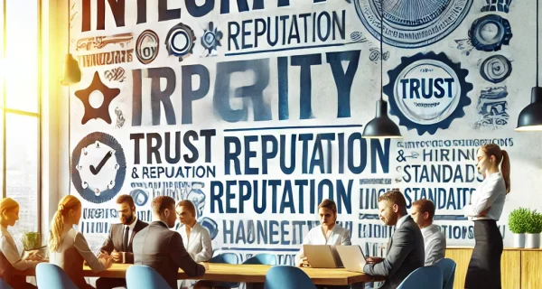 DALL·E 2024-10-25 12.50.22 - A bright, modern office scene with a diverse, motivated team working together. A wall display or poster in the background includes words like 'integri