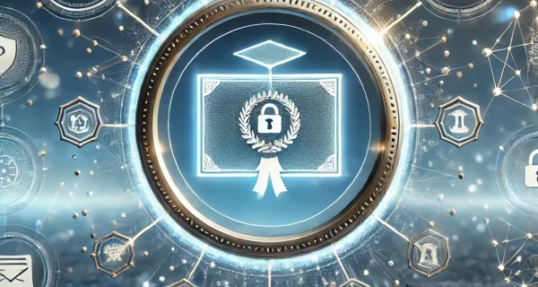 DALL·E 2024-11-05 17.41.49 - Futuristic image representing the secure issuance of academic credentials through blockchain technology in Spain. In the center, a glowing digital dip